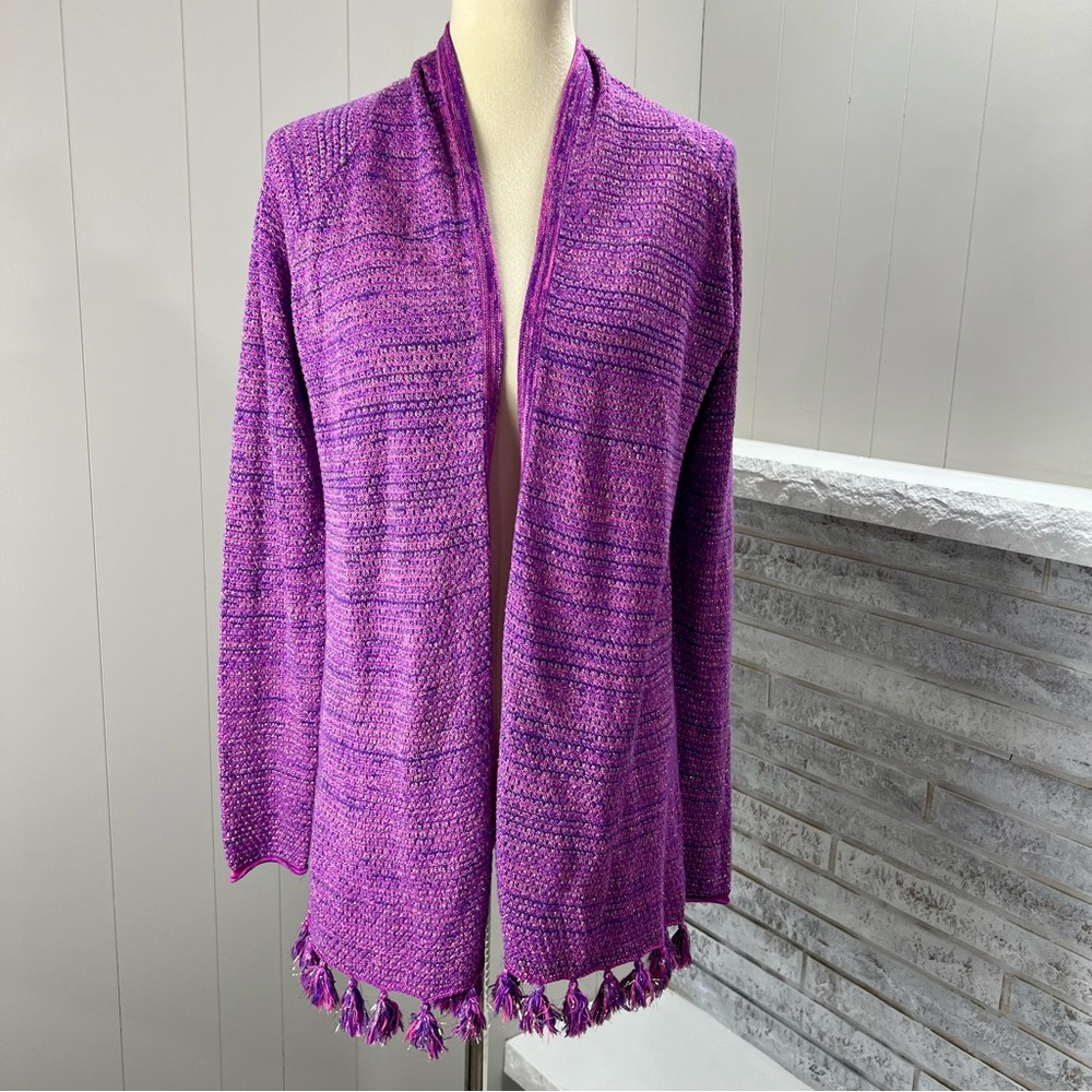 Lilly Pulitzer Tova Purple Berry Silver Metallic Tassel Trim Sweater Cardigan S